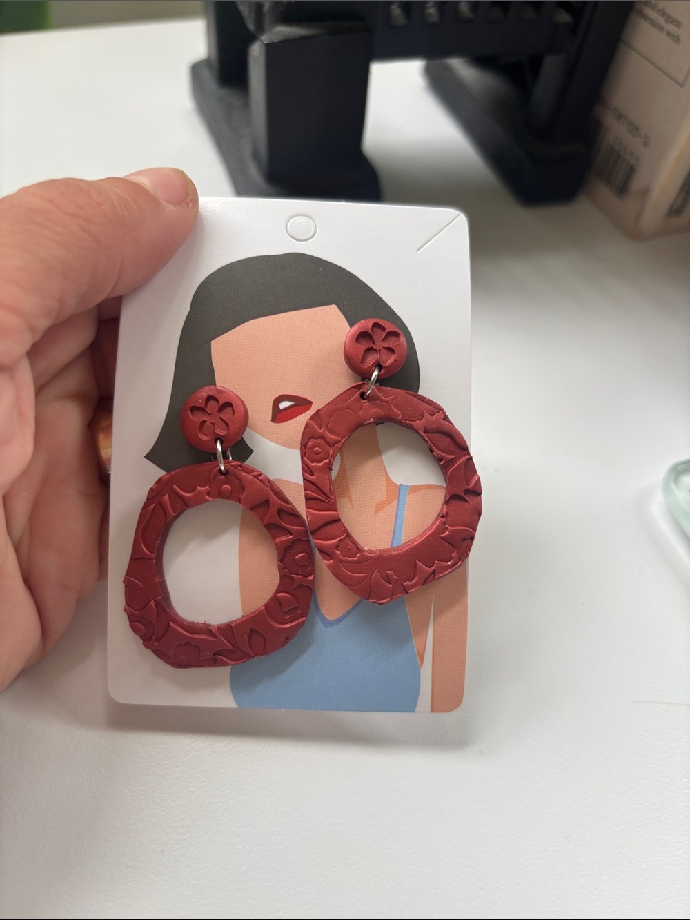 Red Floral Textured Open-Hoop Drop Earrings for Women